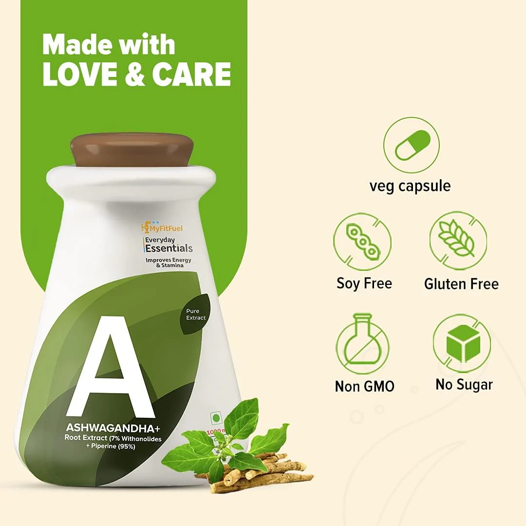 Myfitfuel Ashwagandha Root Extract 7% Withanolides With Piperine 95%, 1000mg, Improves Energy Levels & Stamina | 120 Capsules 200gm 0.4lbs - Image 5