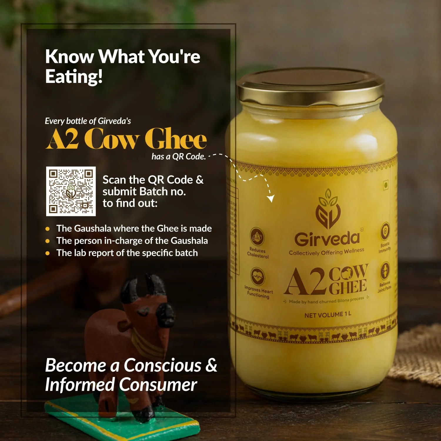 Natural A2 Cow Ghee By Girveda | Natural & Healthy Gir Cow Cultured Desi Ghee Perfect For Glowing Skin | (1 Litre) 33.8 Ounce | Jar Pack - Image 3