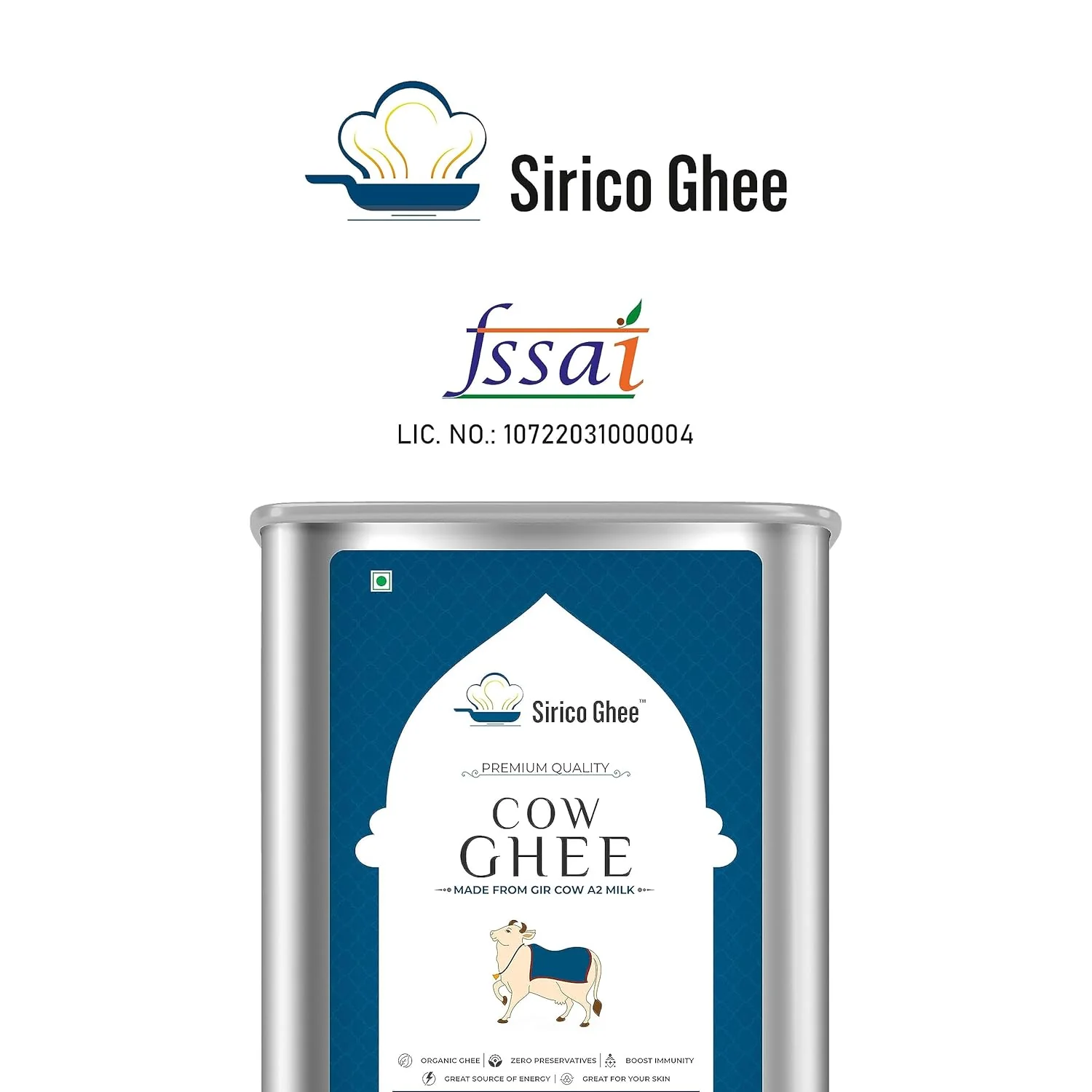 Natural A2 Cow Ghee By Sirico Ghee | Traditional Vedic Bilona Method Curd-Churned Pure Desi Danedar Ghee For Cooking & Frying | (2 Litre) 67.6 Ounce | Tin Pack - Image 3