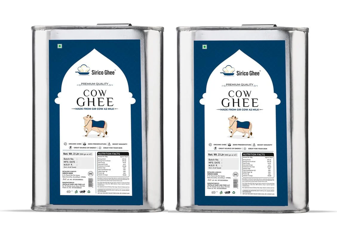 Natural A2 Cow Ghee By Sirico Ghee | Traditional Vedic Bilona Method Curd-Churned Pure Desi Danedar Ghee For Sweets | 4 Litre (2 Litre * 2) 135.2 Ounce | Tin Pack