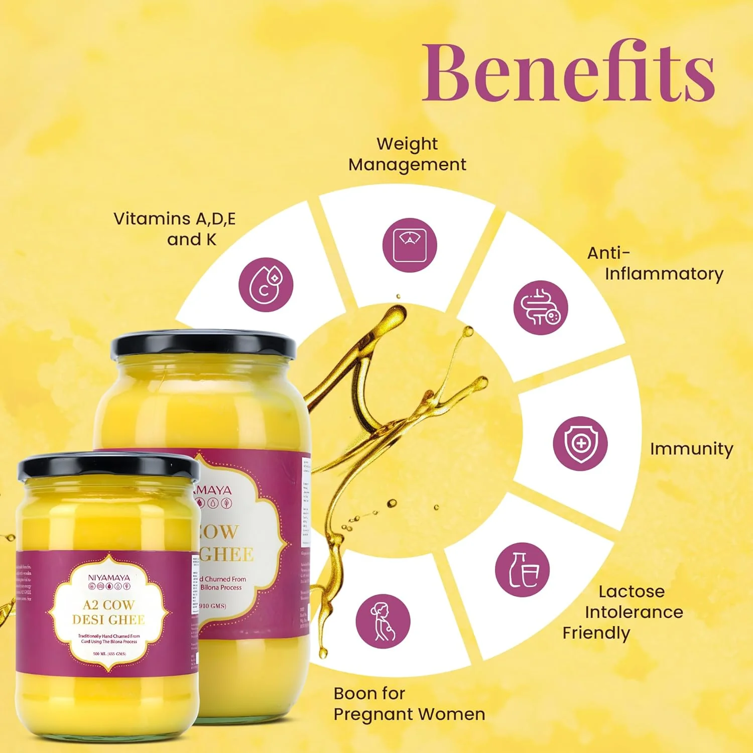 Natural A2 Desi Cow Ghee By Niyamaya | Perfect Aroma & Danedar Cultured Desi Cow Ghee For Digestive Health | (1 Litr) 33.8 Ounce | Jar Pack - Image 3