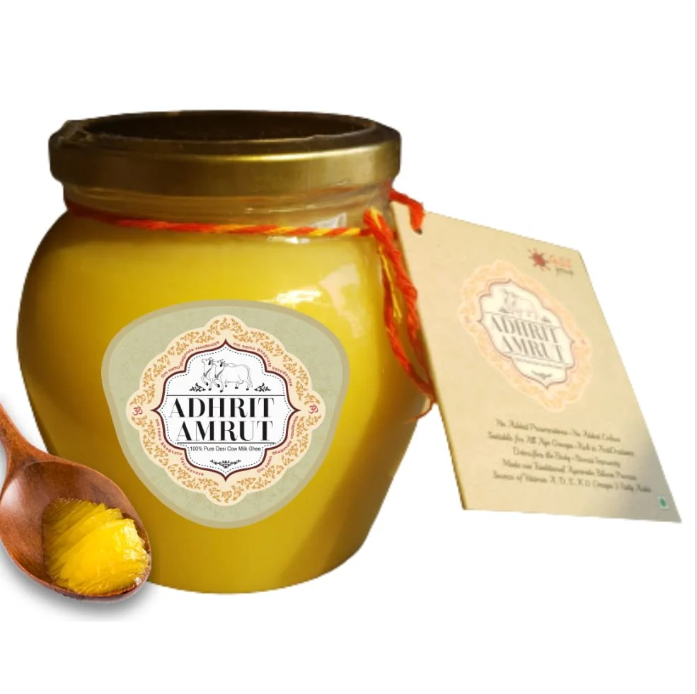 Natural A2 Desi Cow Milk Ghee By Adhrit Amrut | Delicious & Nutritious Healthy Desi Cow Ghee Good For Pulao | (500ml) 16.9 Ounce | Jar Pack