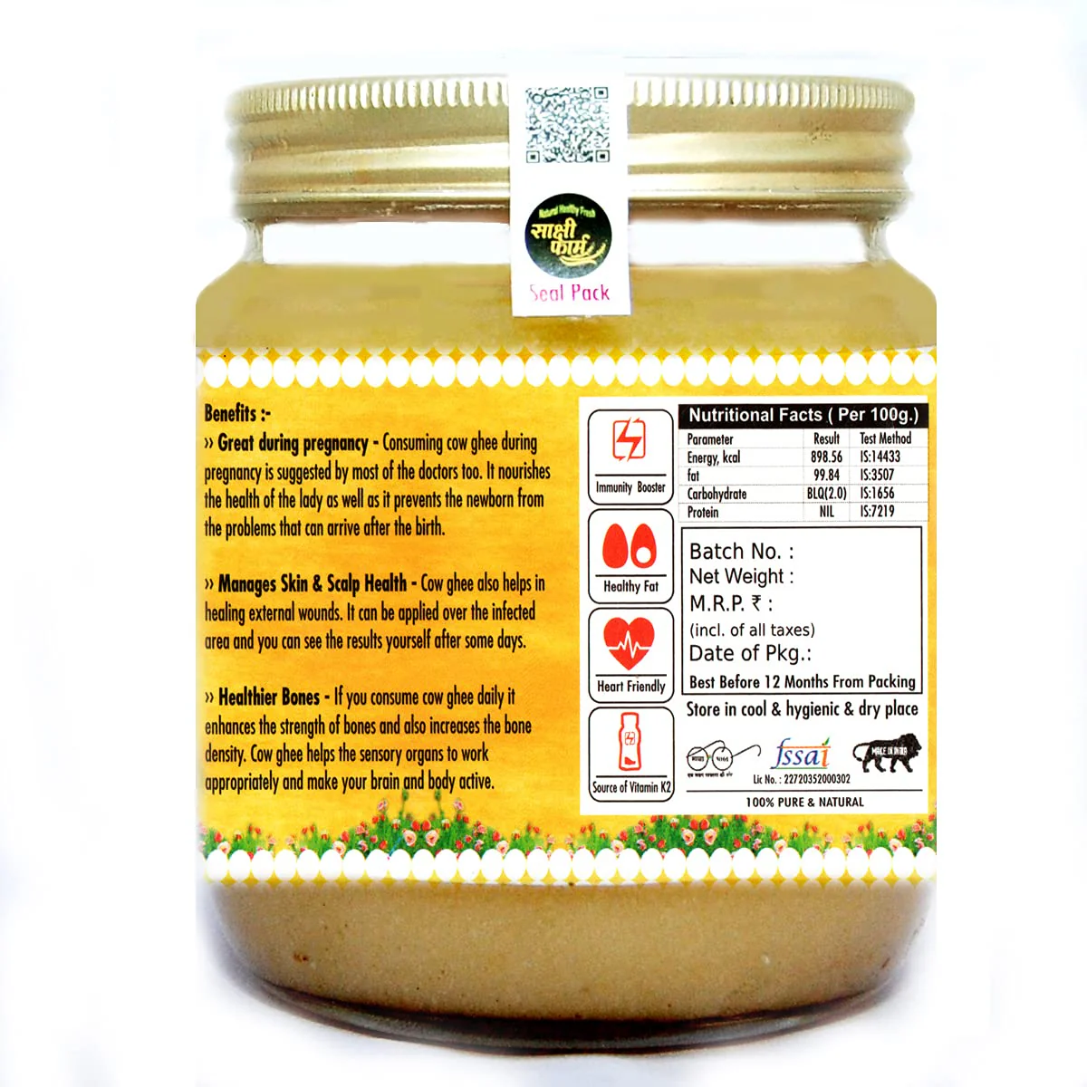Natural Organic Cultured Desi A2 Ghee By Sakshi Farms | Rich In Vitamin A, D & K Healthy Vedic Bilona Method Pure Desi Ghee For Glowing Skin | 1 Litre (500ml * 2) 33.8 Ounce | Jar Pack - Image 2