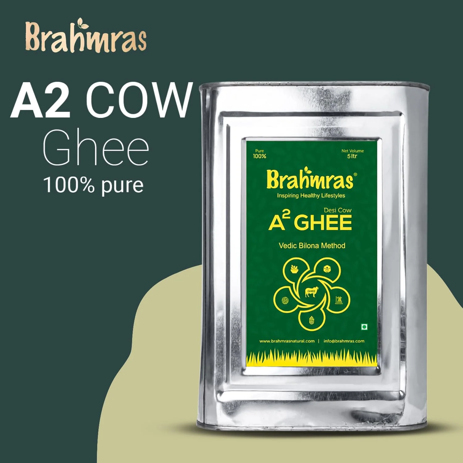Natural Premium A2 Cow Ghee By Brahmras | Rich In Vitamins Using Traditional Bilona Method Cow Ghee Good For Cooking | (5 Litr) 169.0 Ounce | Tin Pack - Image 2