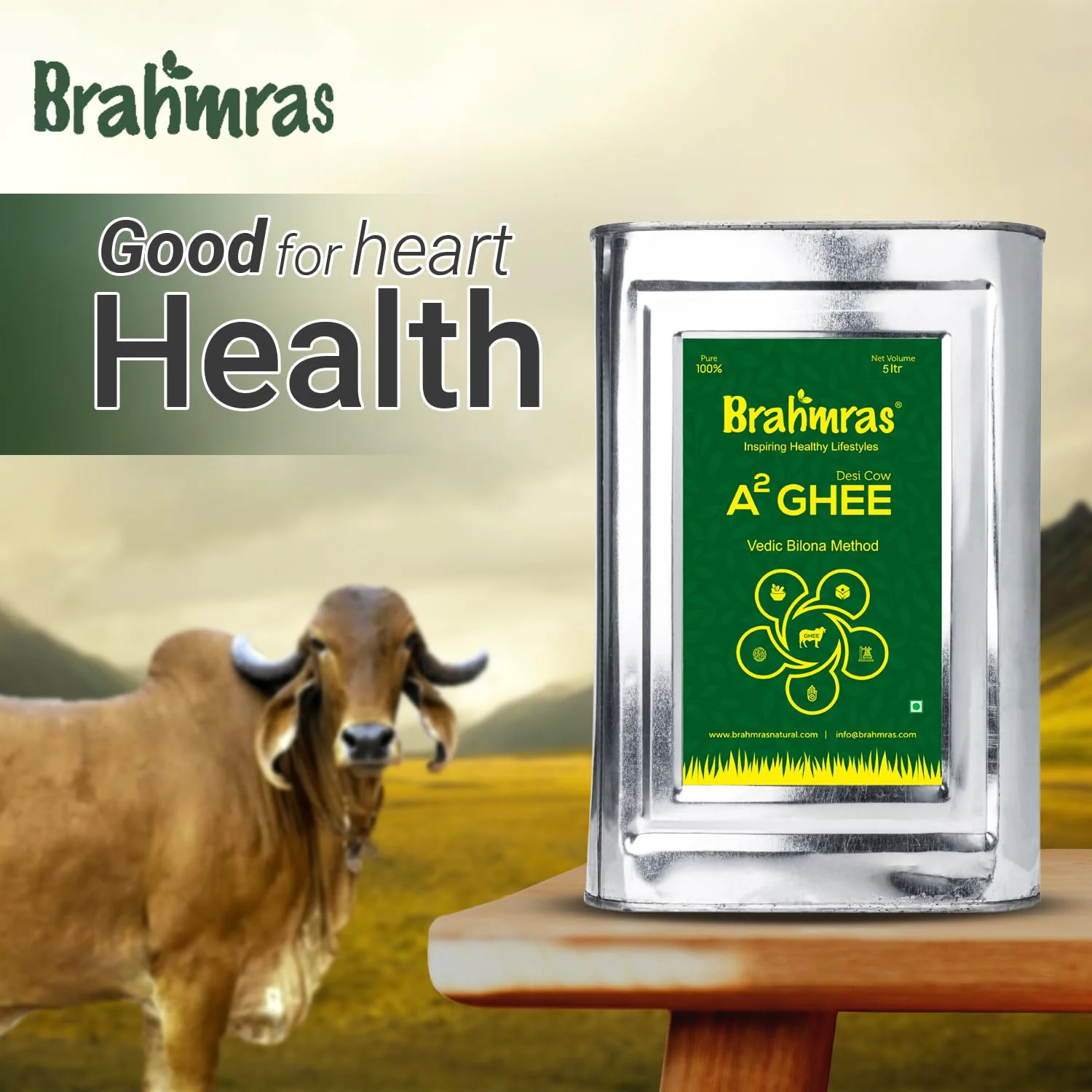 Natural Premium A2 Cow Ghee By Brahmras | Rich In Vitamins Using Traditional Bilona Method Cow Ghee Good For Cooking | (5 Litr) 169.0 Ounce | Tin Pack - Image 3