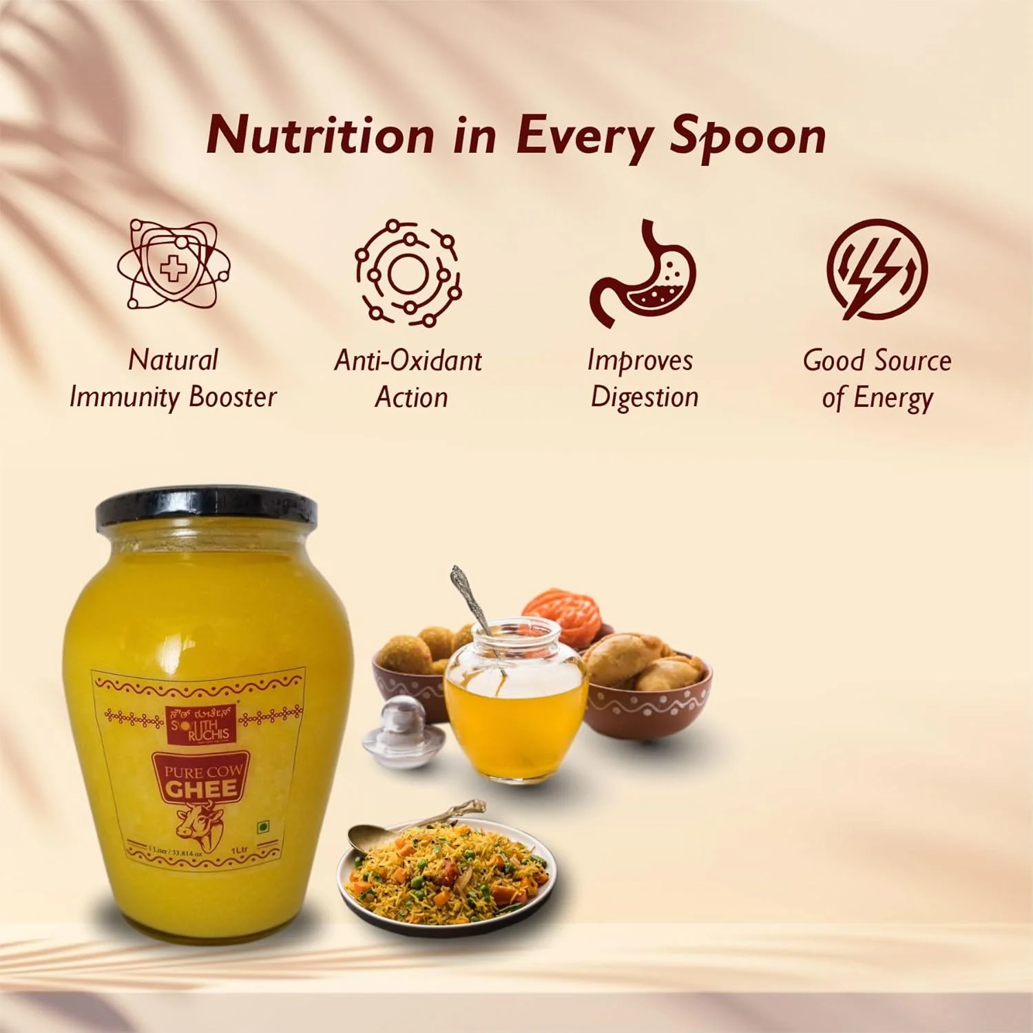 Natural Premium Desi Cow Ghee By South Ruchis | Rich In Nutrients Pure Cow Ghee For Better Digestion & Immunity | (1 Litr) 33.8 Ounce | Jar Pack - Image 3