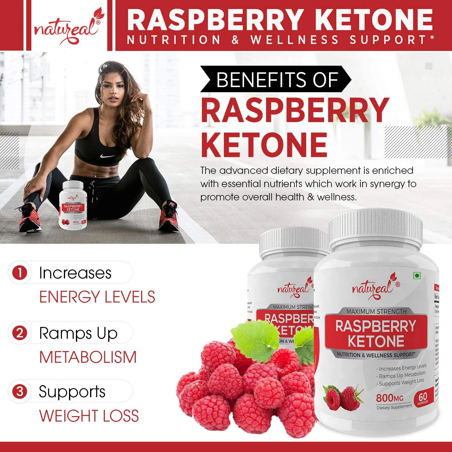 Natureal Raspberry Ketone Extract 800mg Capsules For Weight Management, New Advanced Formula Health Supplement | 60 Capsules 100gm 0.2lbs - Image 2