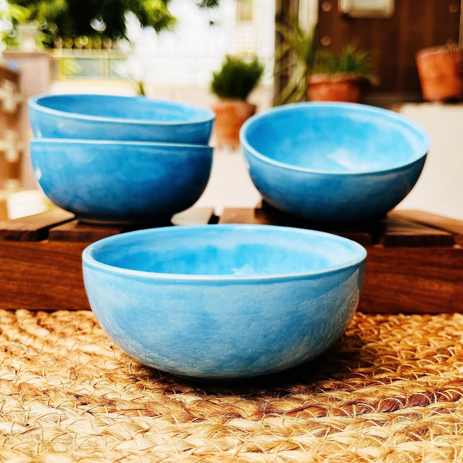 Neelam Handcrafted Ceramic Dinner Set - 3 Pieces, Blue | 1 Dinner Plate + 2 Katori Bowls, 180ml Each Dinnerware Set | Serving For 1, Microwave Safe & Dishwasher Safe - Image 2