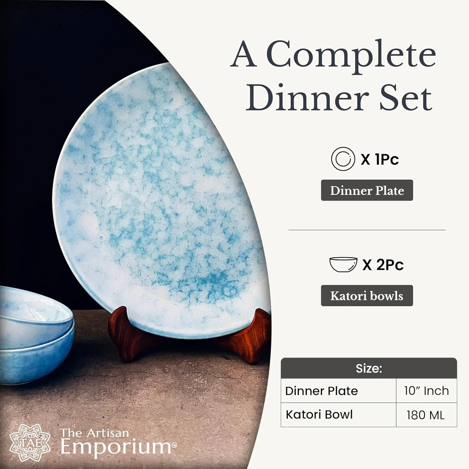 Neelam Handcrafted Ceramic Dinner Set - 3 Pieces, Blue | 1 Dinner Plate + 2 Katori Bowls, 180ml Each Dinnerware Set | Serving For 1, Microwave Safe & Dishwasher Safe - Image 3