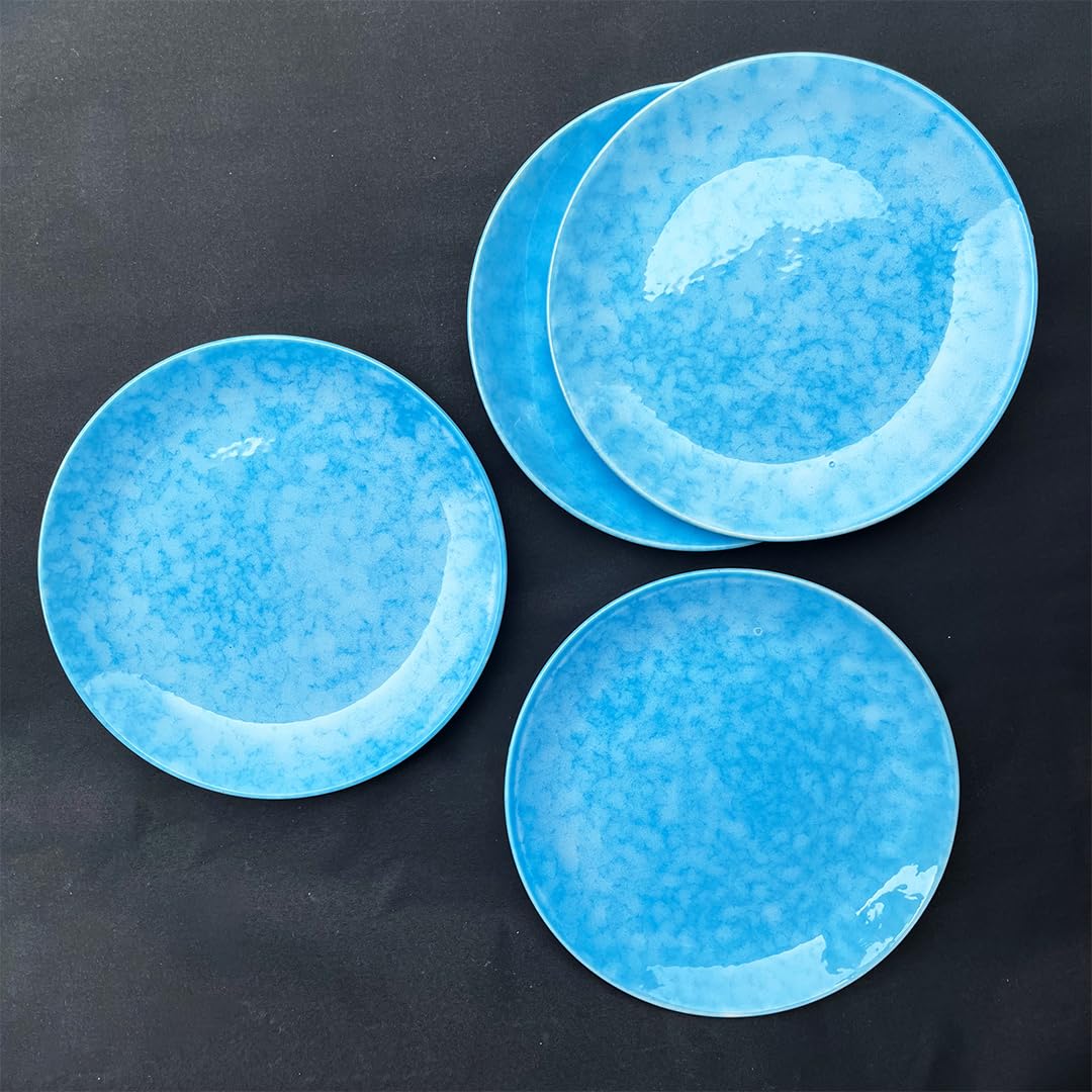 Neelam Handcrafted Ceramic Dinner Set - 8 Pieces, Blue | 4 Dinner Plates + 4 Katori Bowls, 180ml Each Dinnerware Set | Serving For 4, Microwave Safe & Dishwasher Safe - Image 2