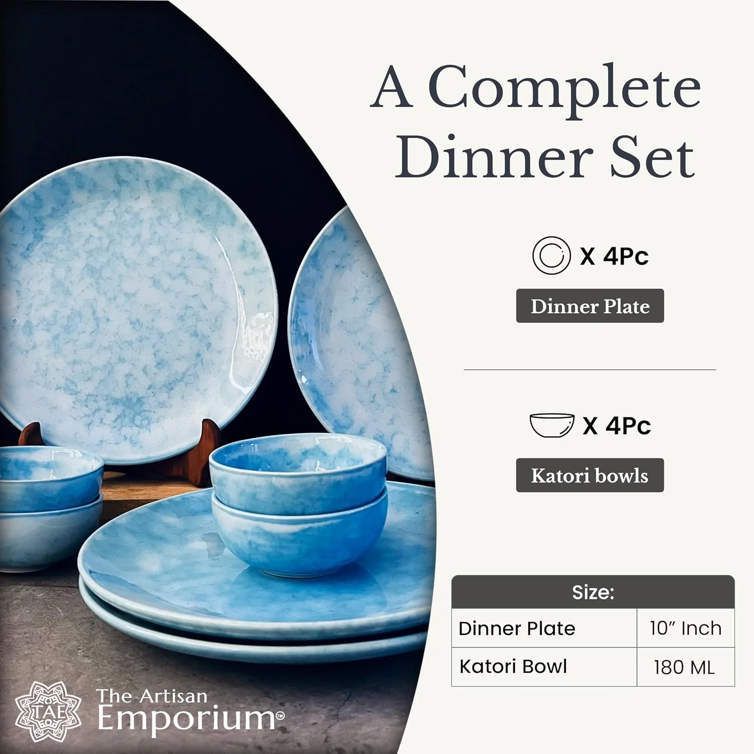 Neelam Handcrafted Ceramic Dinner Set - 8 Pieces, Blue | 4 Dinner Plates + 4 Katori Bowls, 180ml Each Dinnerware Set | Serving For 4, Microwave Safe & Dishwasher Safe - Image 4