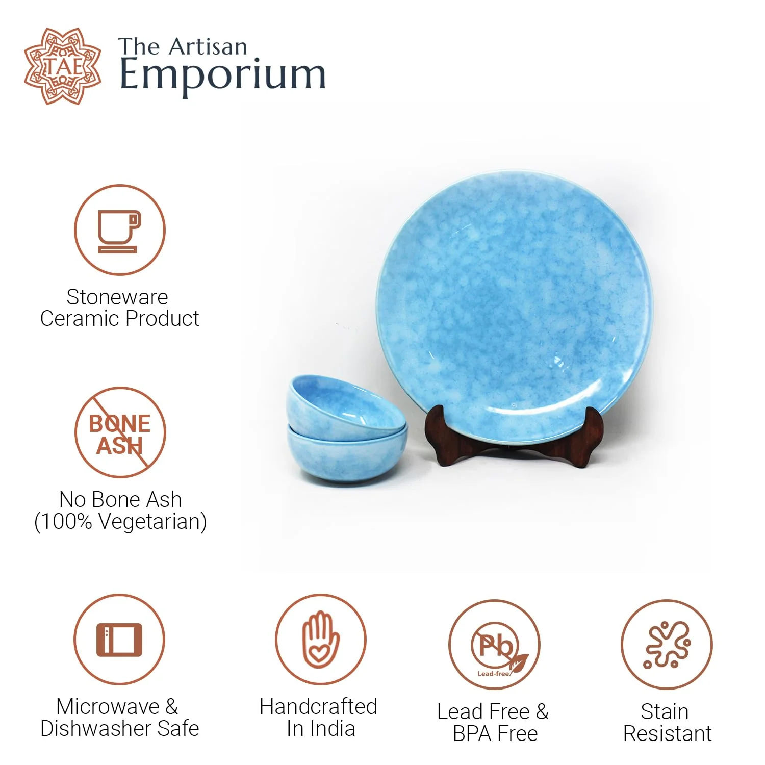 Neelam Handcrafted Ceramic Dinner Set - 8 Pieces, Blue | 4 Dinner Plates + 4 Katori Bowls, 180ml Each Dinnerware Set | Serving For 4, Microwave Safe & Dishwasher Safe - Image 5