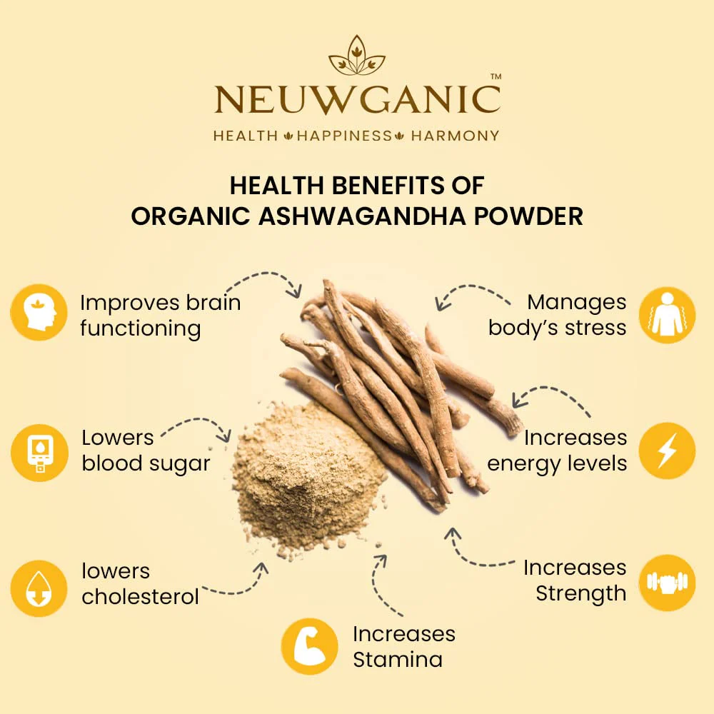 Neuwganic Organic Ashwagandha Powder (Root) India Organic & Usda Organic Certified, Ashwagandha Churna - Important For Vitality & Strength | 200gm 0.4lbs - Image 2