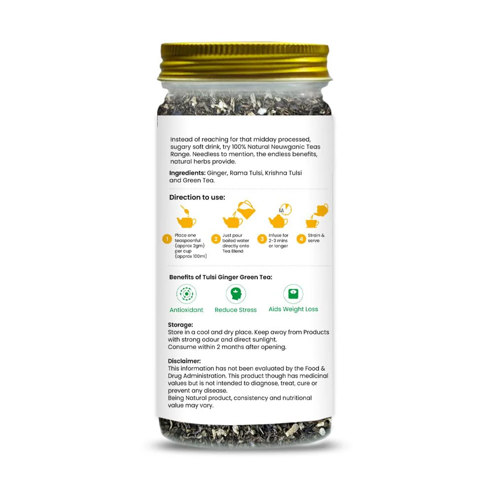 Neuwganic Tulsi Ginger Green Tea - 100gm, 3.5 Ounce, 50 Cups | Refreshing Blend Of Rama Tulsi, Ginger & Green Tea - Improves Digestion, Aids Weight Loss | Gluten Free, No Preservatives - Image 3