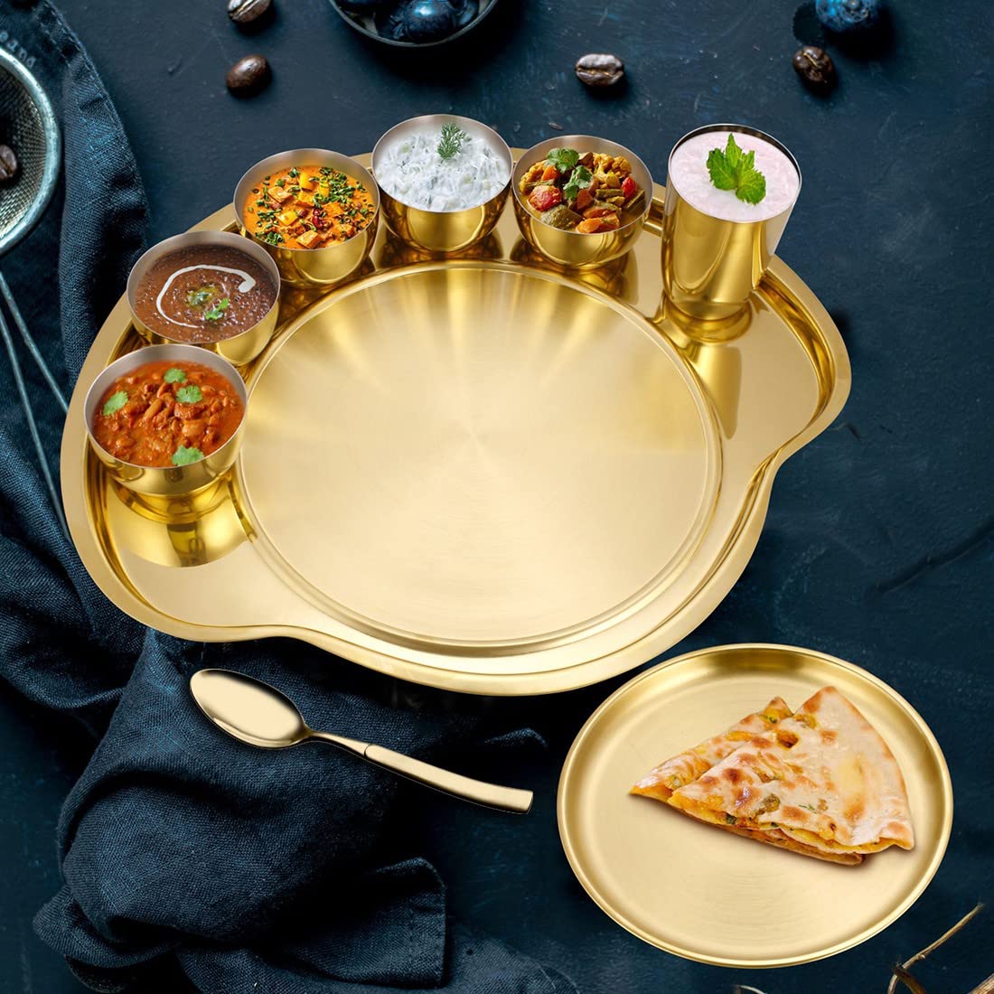 Nifty High Grade Stainless Steel Thali Set With PVD Coating, Gold | 5 Katoris+ 1 Glass+ 1 Quarter Plate+ 1 Full Plate+ 1 Dessert Spoon - Image 2