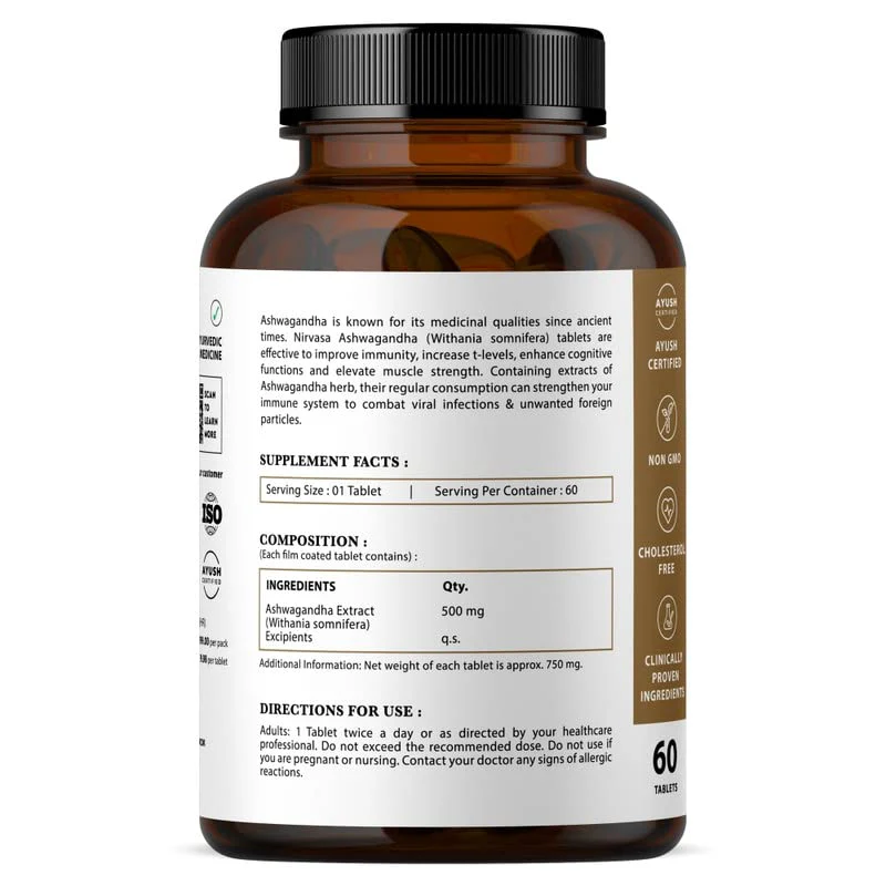Nirvasa Ashwagandha Tablets For Men & Women 500mg With Natural Ashwagandha Extract For Immunity, General Wellness & Improves Muscles Strength | 60 Tablets 100gm 0.2lbs Each Pack Of 5 - Image 2