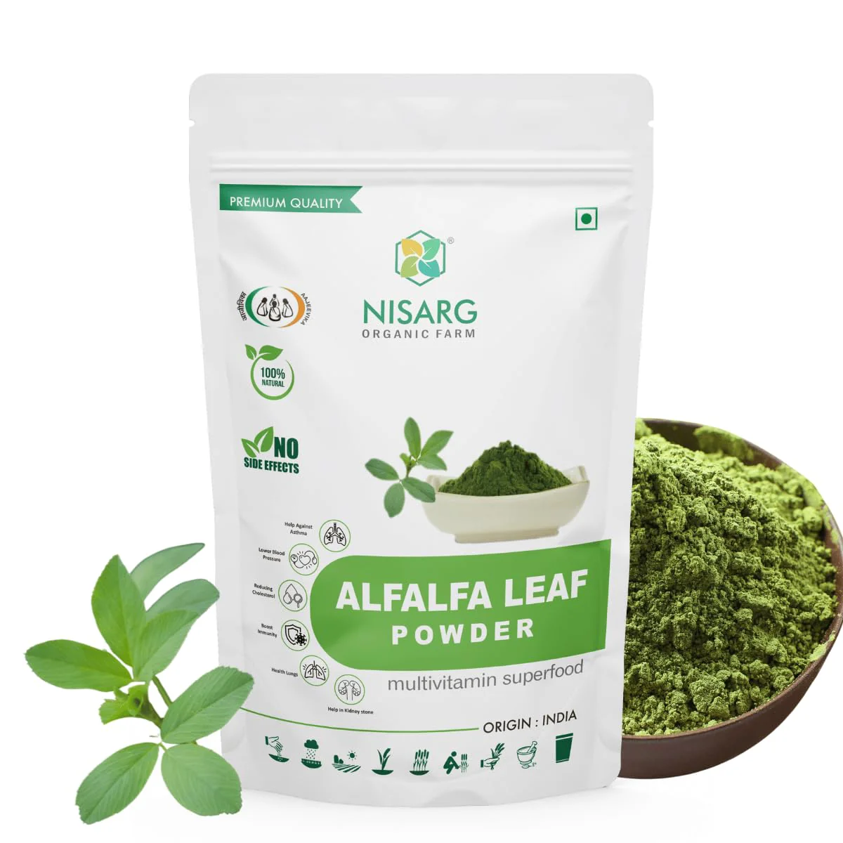 Nisarg Organic Farm Alfalfa Leaf Powder Natural Traditional Method Made Herbal Ayurvedic For Men Women Make Smoothies Green Juice & Herbal Meals | 100gm, 0.2lbs