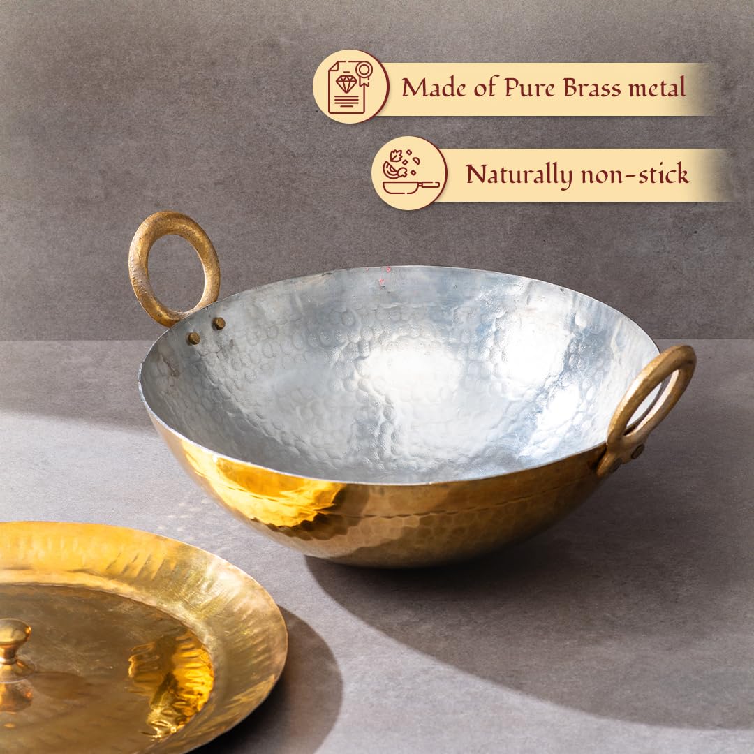 Non-Stick Golden Brass Kadhai, 1 Liter | Brass Kadai For Cooking & Serving - Tin Coating | Antique Golden Brass Kadhai - Image 3