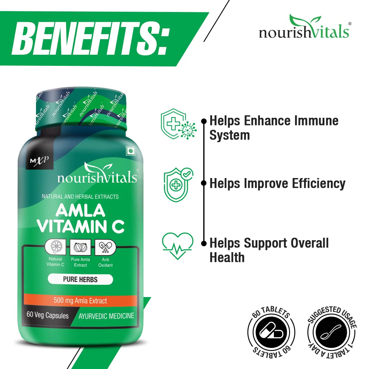 Nourishvitals Amla Vitamin C With Tannins 25% Pure Herbs, 500mg Amla Extract, Antioxidant, Immune, Skin | 60 Veg Capsules, 100gm 0.2lbs - Image 4