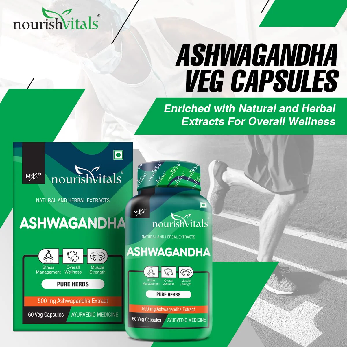 Nourishvitals Ashwagandha Pure Herbs, 500mg Ashwagandha Extract, Boosts Overall Wellness & Supports Enhanced Muscle Strength | 60 Veg Capsules 100gm 0.2lbs Each Pack Of 3 - Image 2