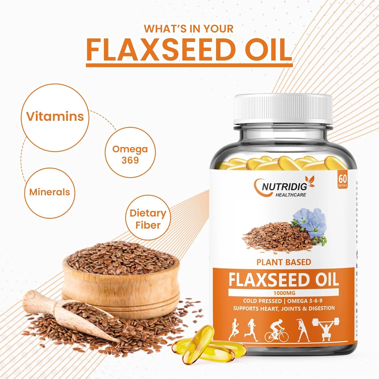 Nutrdig Healthcare 1000mg Flaxseed Oil Softgel Capsules With Omega 3 6 9 For Joint, Heart, Skin & Metabolism | 60 Softgels For Men & Women 100gm 0.2lbs - Image 2