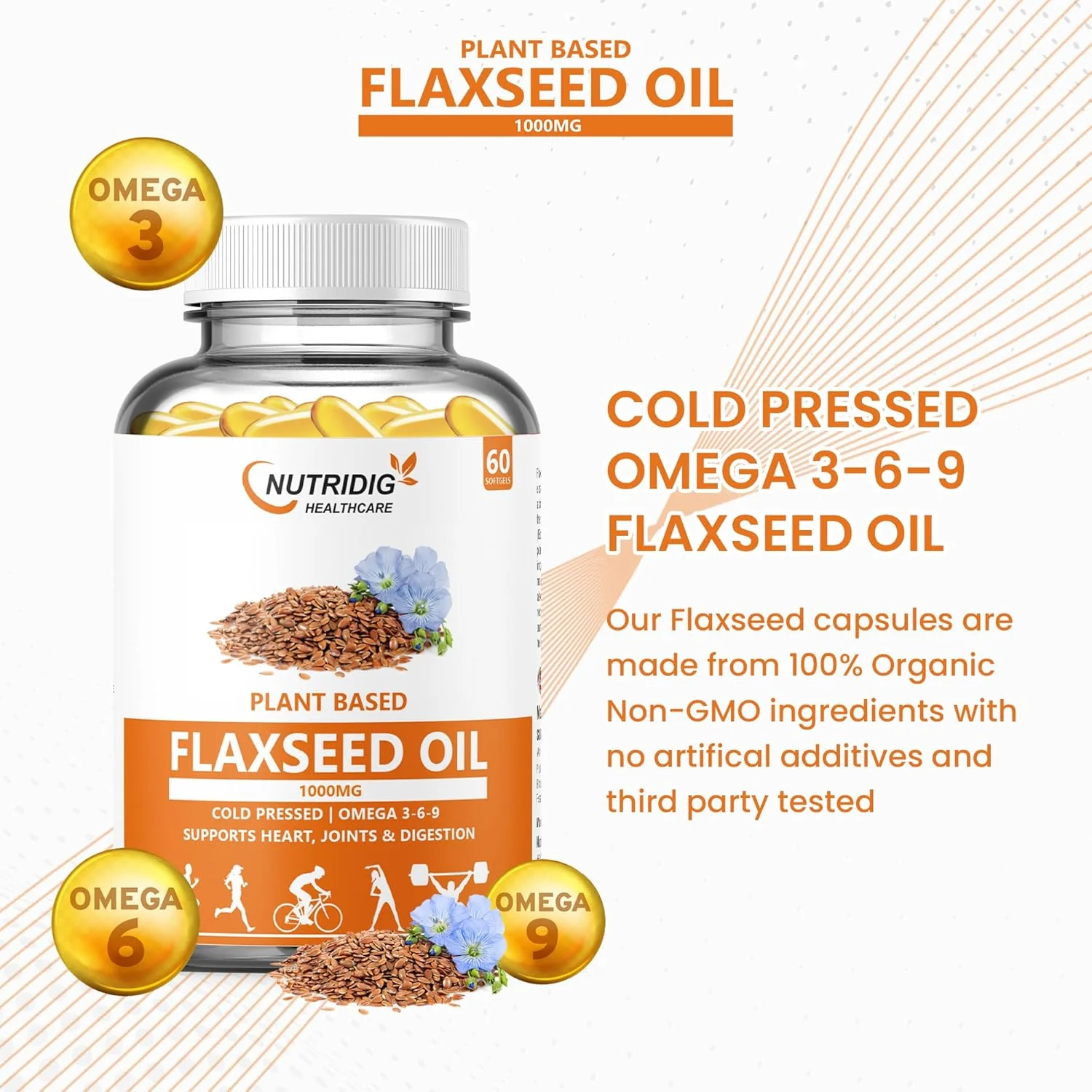 Nutrdig Healthcare 1000mg Flaxseed Oil Softgel Capsules With Omega 3 6 9 For Joint, Heart, Skin & Metabolism | 60 Softgels For Men & Women 100gm 0.2lbs - Image 3