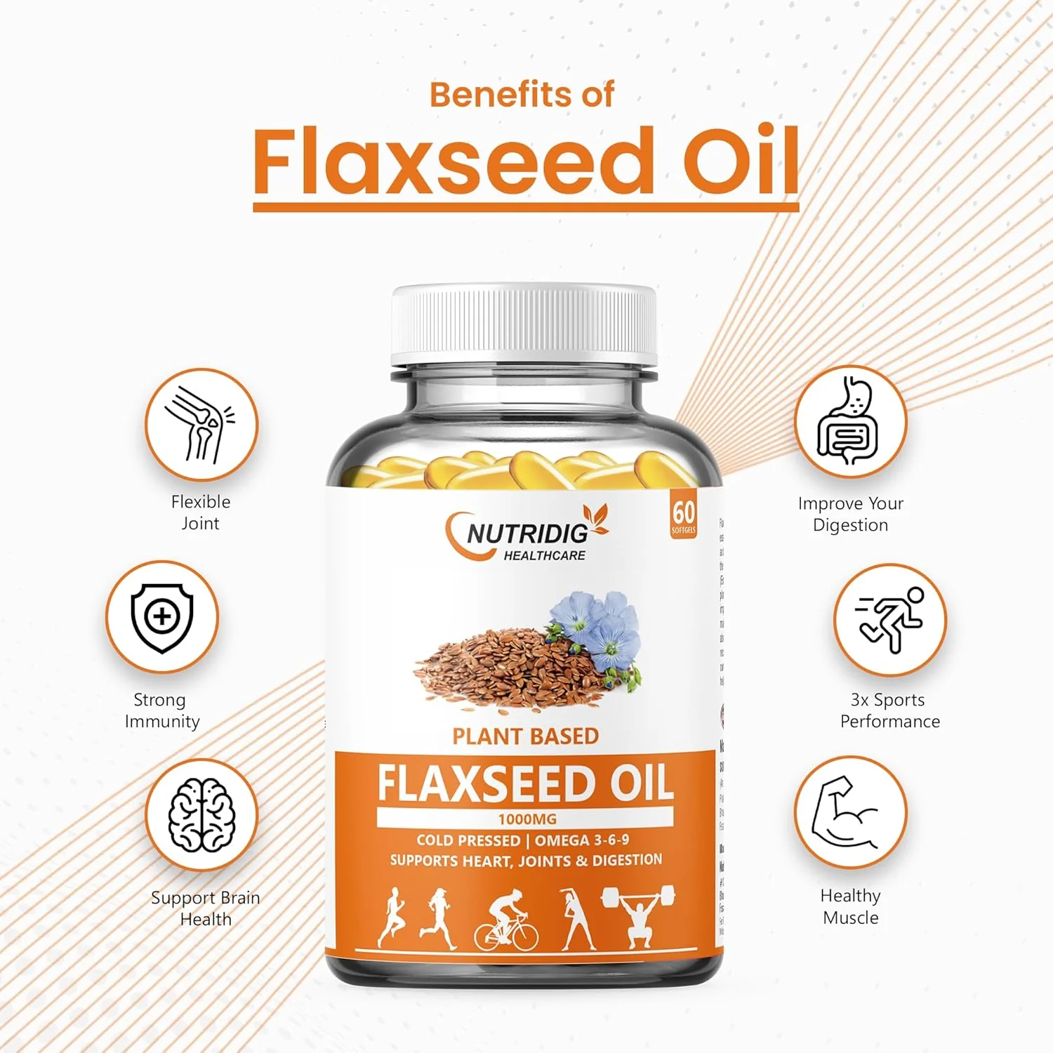 Nutrdig Healthcare 1000mg Flaxseed Oil Softgel Capsules With Omega 3 6 9 For Joint, Heart, Skin & Metabolism | 60 Softgels For Men & Women 100gm 0.2lbs - Image 4