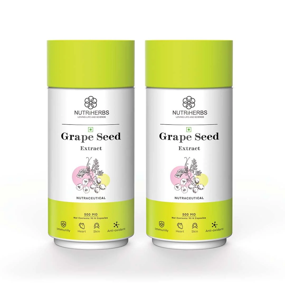Nutriherbs Organic Grape Seed Extract Capsules 500mg, Potent Antioxidant Supplement For Skin & Hair Health, Anti - Aging Support & Immune Boost | 90 Vegan Capsules 150gm 0.3lbs Each Pack Of 2