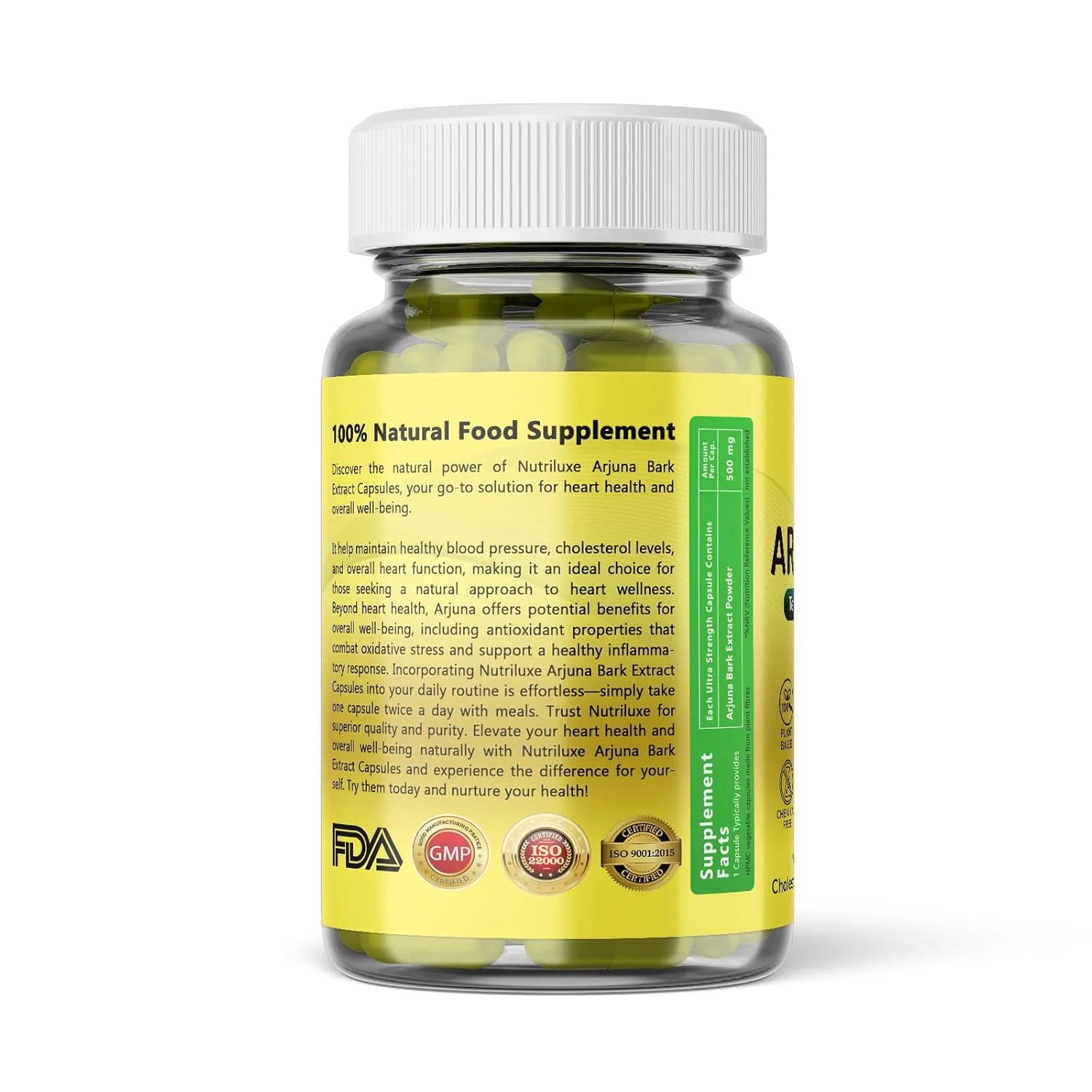 Nutriluxe Arjun Ki Chaal Extract Capsules Promotes Heart Health, Regulates Blood Pressure & Cholesterol Levels | 60 Capsules 100gm 0.2lbs Each Pack Of 2 - Image 5