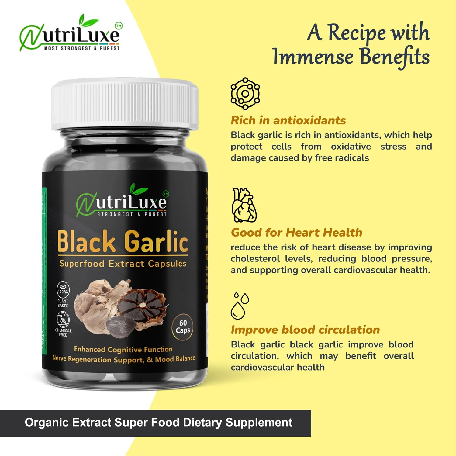 Nutriluxe Black Garlic Extract Capsules 500mg 100% Natural Good For Digestion, Improves Heart Health, Regulates Sugar Levels | 60 Capsules 100gm 0.2lbs - Image 3