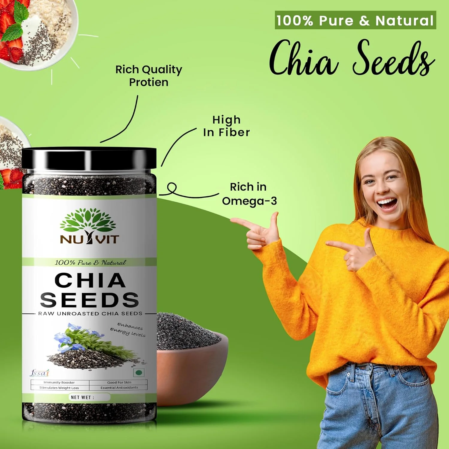 Nutvit 100% Pure & Natural Chia Seeds, Rich In Omega -3 & Fibre, Healthy Snacks For Weight Loss Management | 200gm 0.4lbs - Image 4