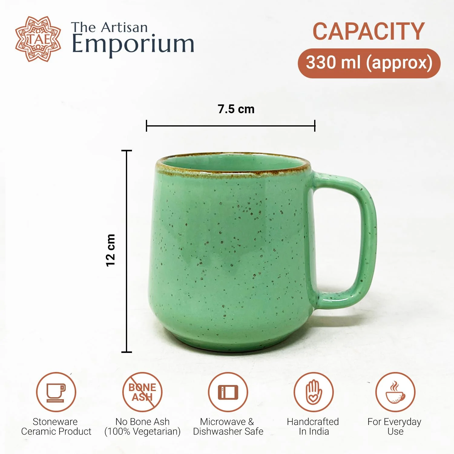 Ocean Green Ceramic Coffee Mug Set Of 2 Pieces - 330ml Each | Ceramic Mugs For Coffee, Tea, Milk - Microwave Safe & Leak Proof - Image 6