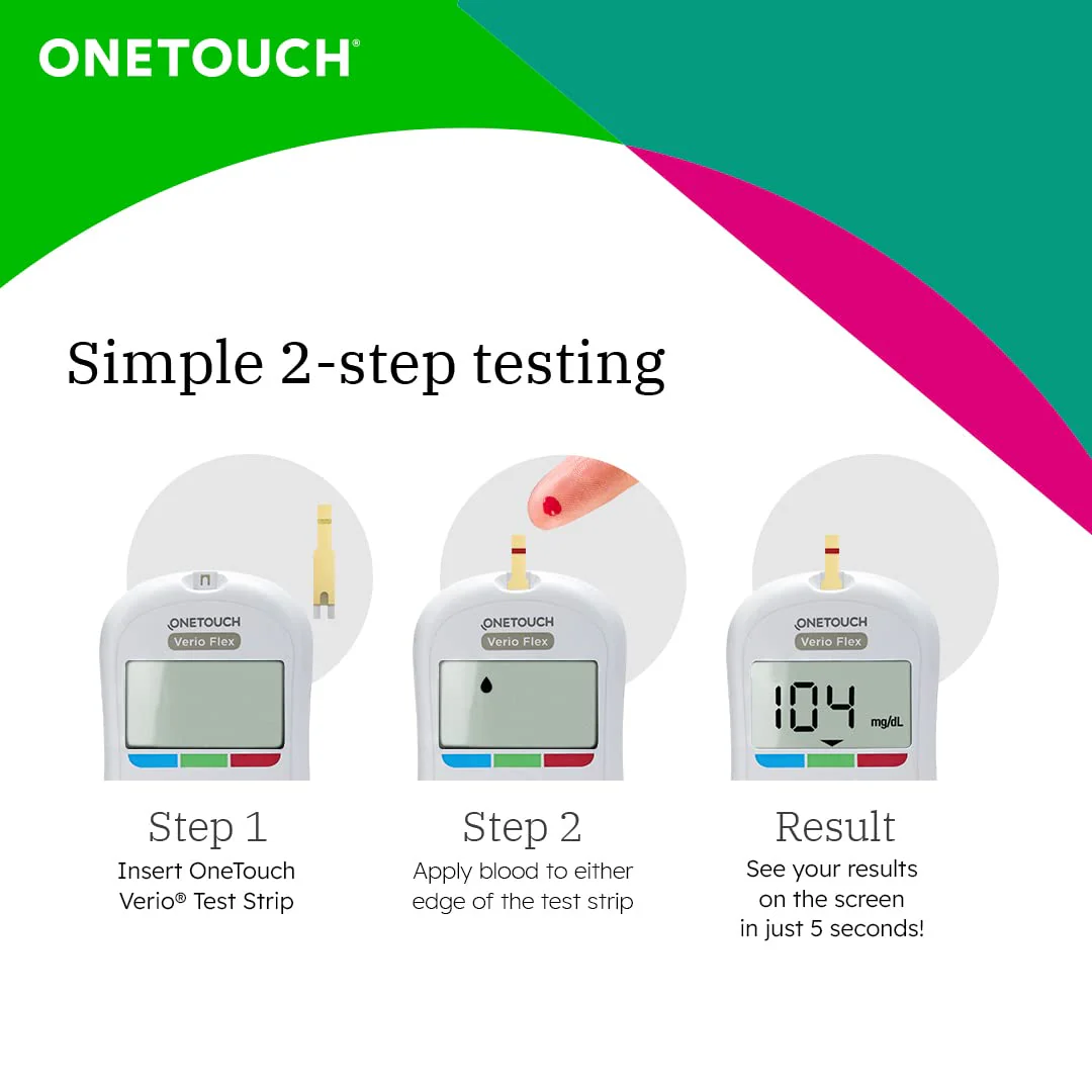 OneTouch Verio Flex Glucometer Machine | Simple & Accurate Testing Of Blood Sugar Levels At Home - Free 10 Test Strips + 10 Sterile Lancets + 1 Lancing Device - Image 2