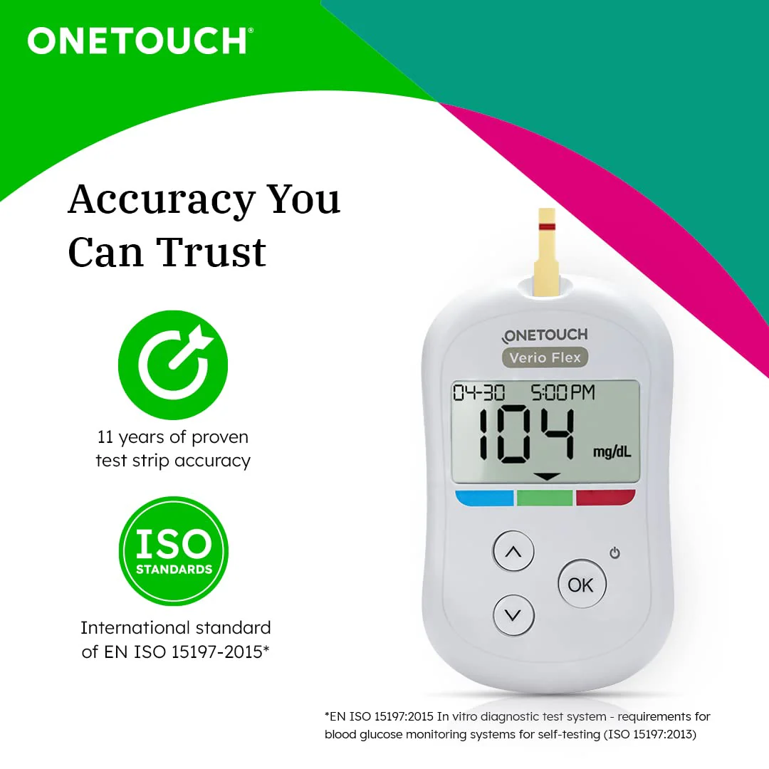 OneTouch Verio Flex Glucometer Machine | Simple & Accurate Testing Of Blood Sugar Levels At Home - Free 10 Test Strips + 10 Sterile Lancets + 1 Lancing Device - Image 3