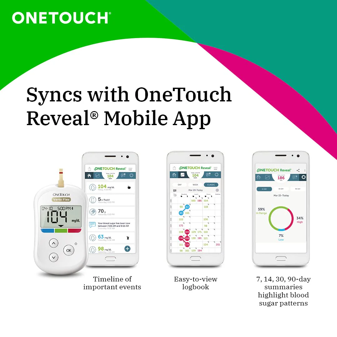 OneTouch Verio Flex Glucometer Machine | Simple & Accurate Testing Of Blood Sugar Levels At Home - Free 10 Test Strips + 10 Sterile Lancets + 1 Lancing Device - Image 4