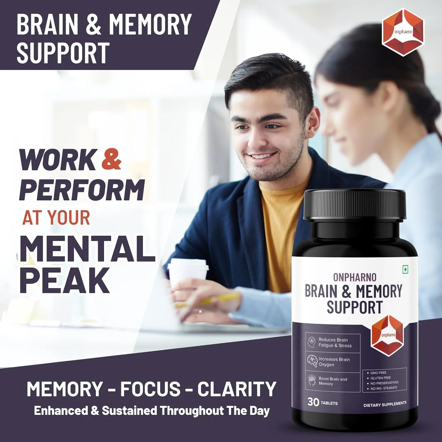 Onpharno Brain & Memory Support, For Improved Memory, Focus & Clarity, Enhance Cognitive Function, Potent Formula With Brahmi, Ginseng, Ginkgo Biloba, L- Theanine | 30 Tablets 100gm 0.2lbs - Image 3