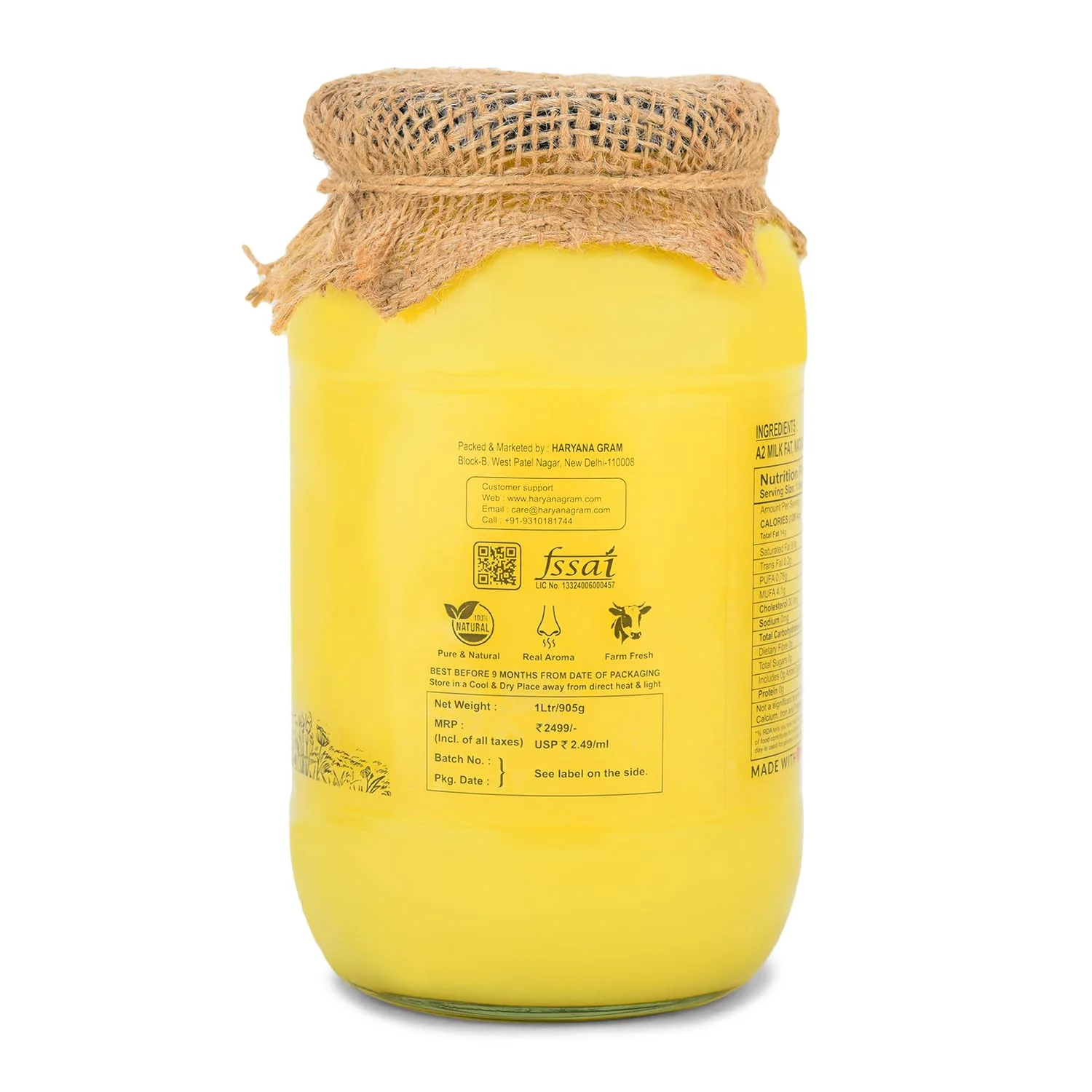 Organic A2 Desi Cow Bilona Ghee With Neem Wood Spoon By Haryana Gram | Rich In Vitamin A, D & Minerals Healthy Desi Ghee Good For Skin Health | (1 Litr) 33.8 Ounce | Jar Pack - Image 2