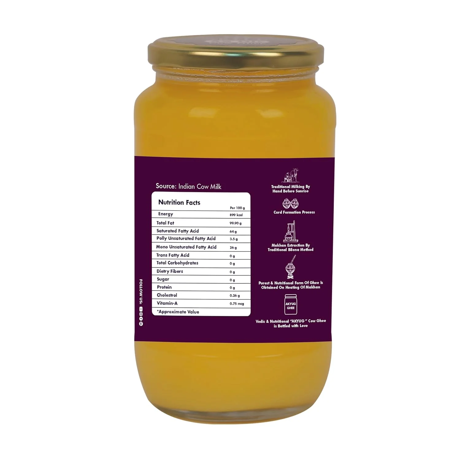Organic A2 Gir Cow Ghee By Akyug | Tradition Bilona Method A2 Rich Desi Ghee Good For Calcium | (500ml) 16.9 Ounce | Jar Pack - Image 2
