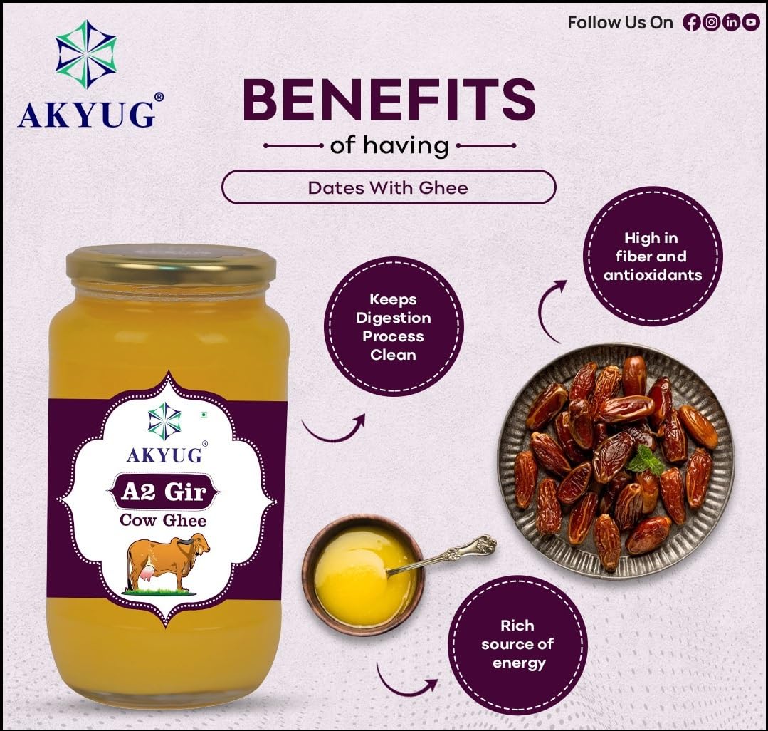 Organic A2 Gir Cow Ghee By Akyug | Tradition Bilona Method A2 Rich Desi Ghee Good For Calcium | (500ml) 16.9 Ounce | Jar Pack - Image 3