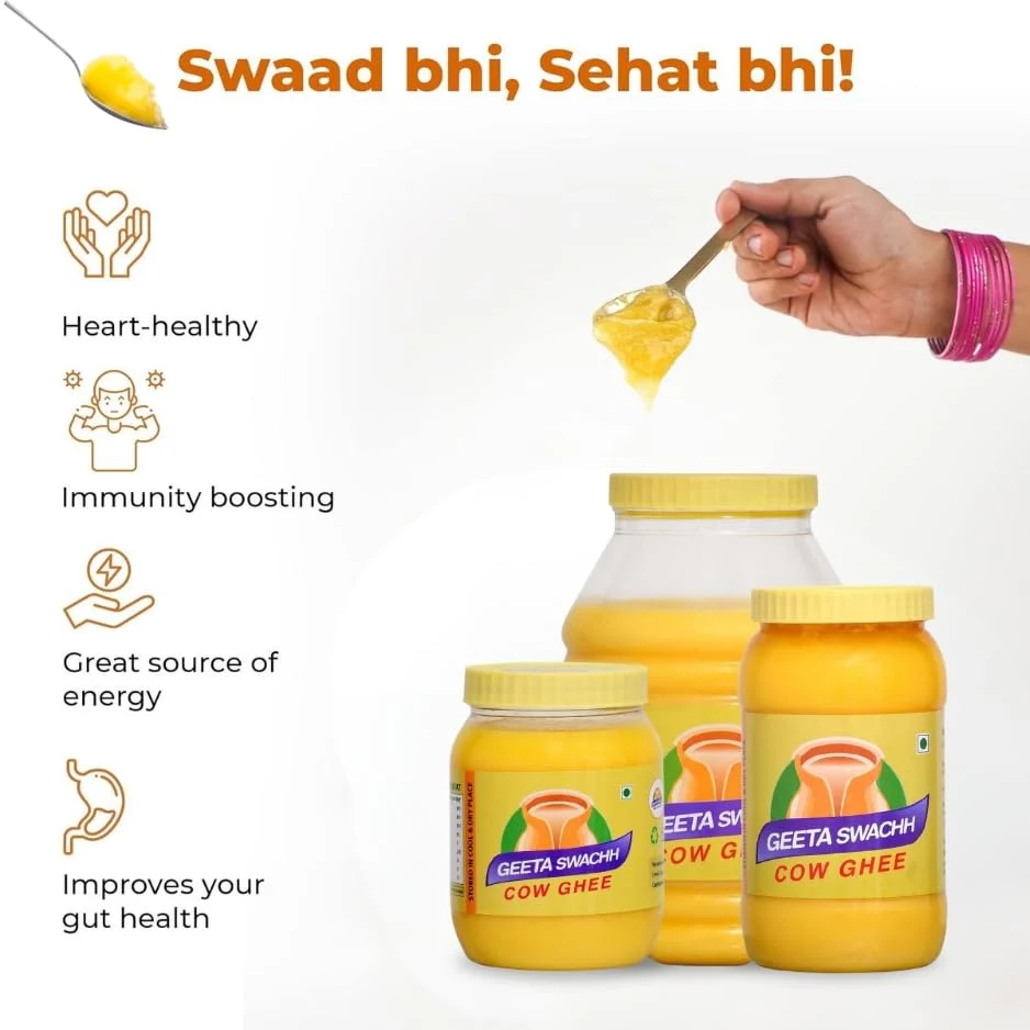 Organic Cow Desi Ghee By Geeta Swachh | Natural & Healthy Curd-Churned Desi Cow Ghee Good For Overall Health | (1 Litre) 33.8 Ounce | Jar Pack - Image 5