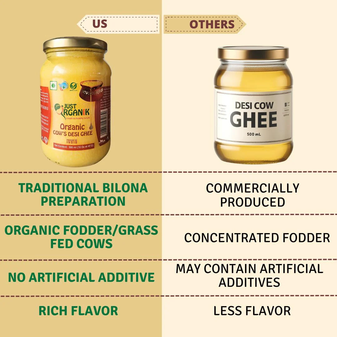 Organic Cow'S Desi Ghee By Just Organik | Rich In Nutrients Flavor Cow Ghee For Cooking & Ayurvedic Health | (500ml) 16.9 Ounce | Jar Pack - Image 3