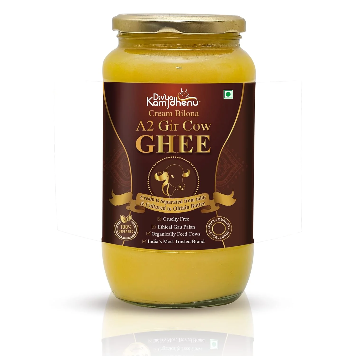 Organic (Cream Bilona) A2 Gir Cow Ghee By Divya Kamdhenu | Healthy & Delicious Nutrients Lab Certified Desi Ghee Good For Muscles | (1 Litr) 33.8 Ounce | Jar Pack