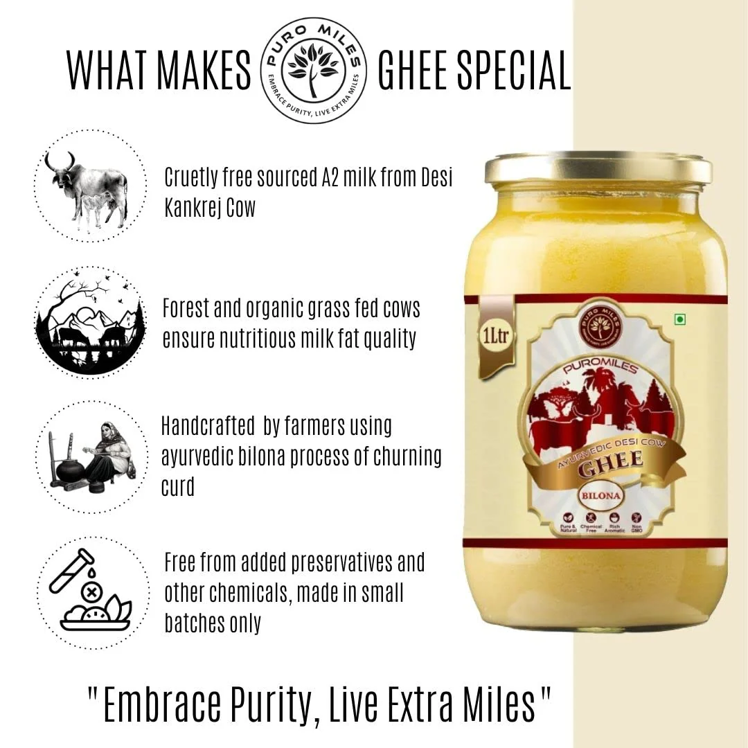 Organic Natural A2 Bilona Cow Desi Ghee By Puro Miles | Natural & Healthy Gir Cow Cultured Desi Ghee Ideal For Puja | (1 Litr) 33.8 Ounce | Jar Pack - Image 3