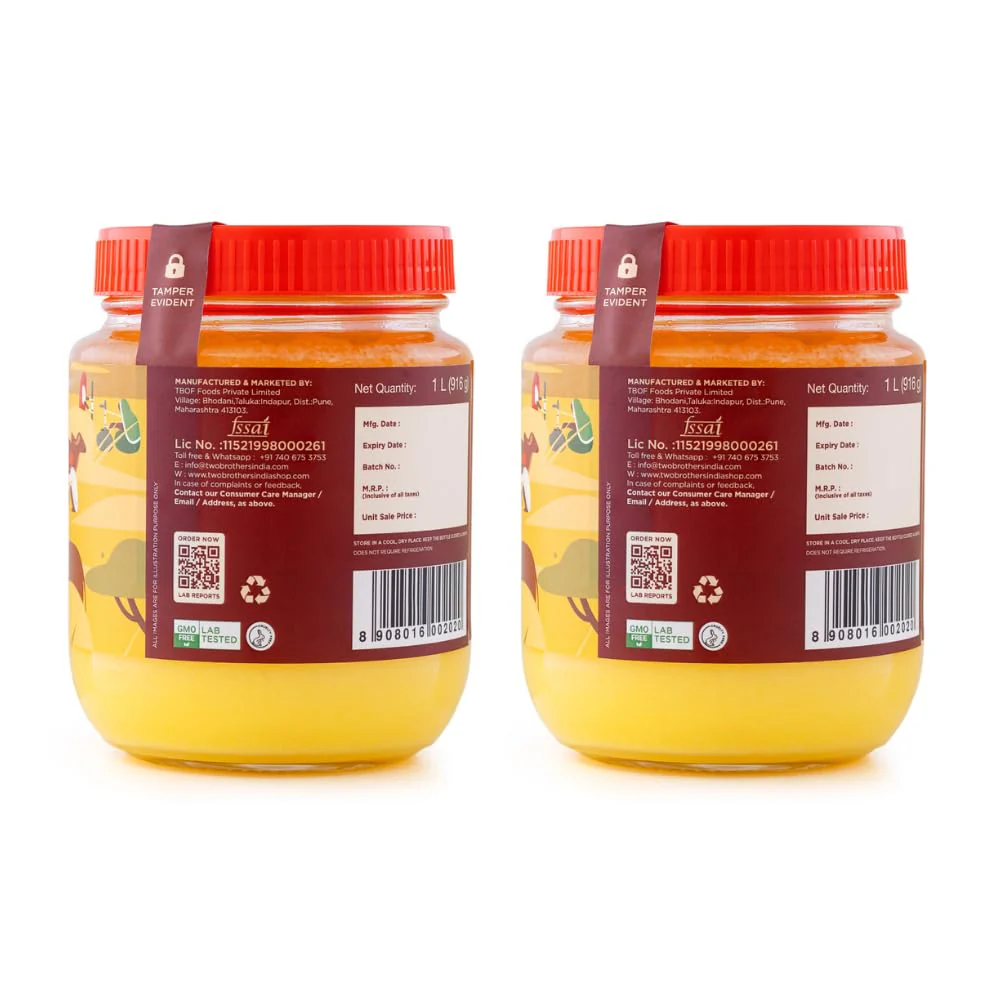 Organic Natural A2 Gir Cow Cultured Desi Ghee By Two Brothers Organic Farms | Naturally & Healthy Protein Fiber Desi Ghee Perfect For Baking | 2 Litre (1 Ltr * 2) 67.6 Ounce | Jar Pack - Image 2