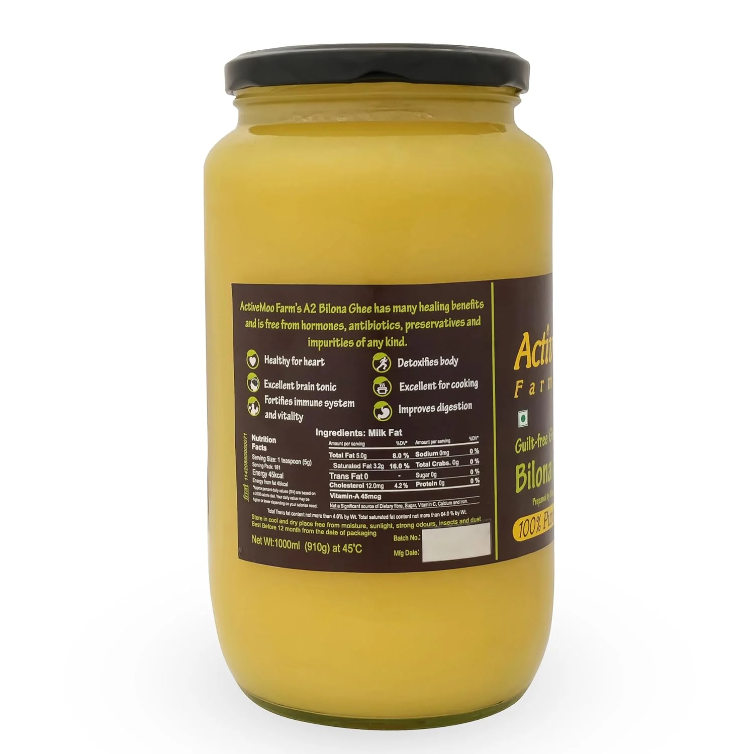Organic Natural Pure A2 Cow Bilona Ghee By Active Moo Farms | Good Source Of Vitamin A, E & Healthy Shudh Cow Ghee Perfect For Baking | (1 Litre) 33.8 Ounce | Jar Pack - Image 3