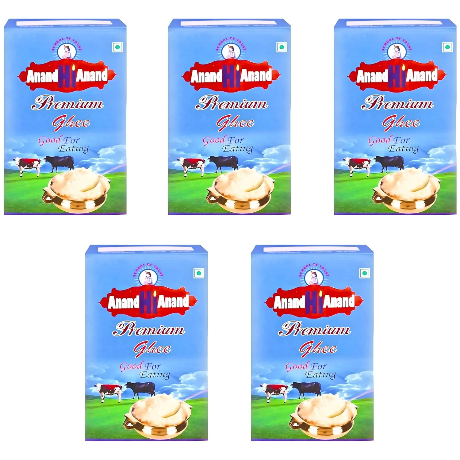 Organic Premium Cow Ghee By Anand Hi Anand | Rich In Nutrients & Vitamins A Healthy Desi Cow Ghee Good For Glowing Skin | 5 Litre (1 Litr * 5) 169.0 Ounce | Box Pack