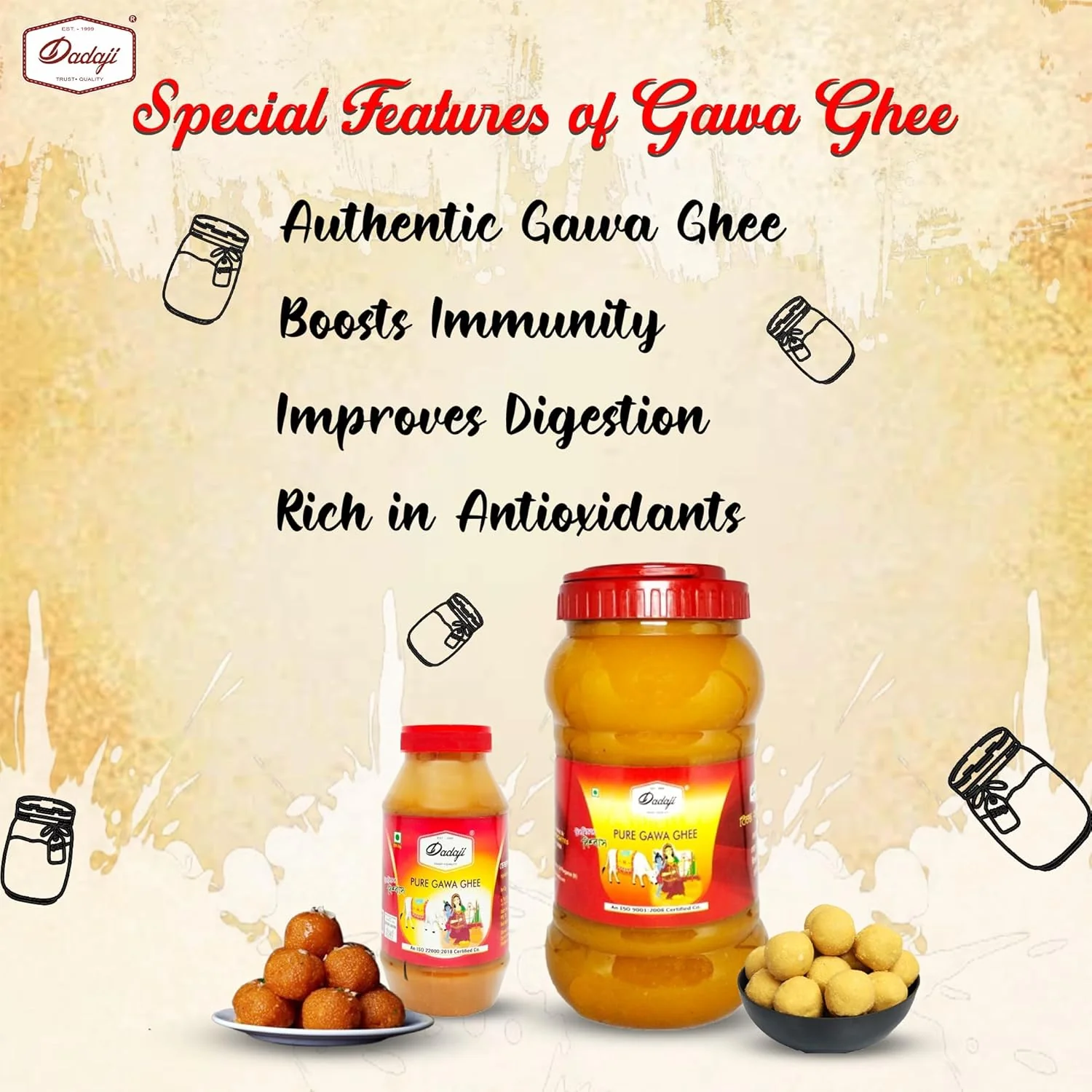 Organic Pure Gawa Ghee By Dadaji | High In Vitamins A, D & Healthy Desi Cow Ghee Good For Boost Immunity | (1 Litre) 33.8 Ounce | Jar Pack - Image 5