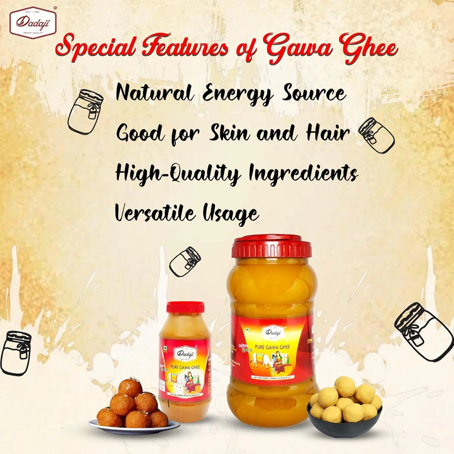 Organic Pure Gawa Ghee By Dadaji | High In Vitamins A, D & Healthy Desi Cow Ghee Perfect For Sweets | (200ml) 6.7 Ounce | Jar Pack - Image 4