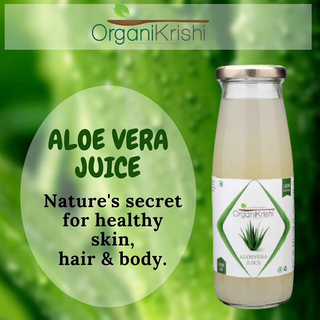 Organikrishi Aloe Vera Juice With Pulp In Glass Bottle, Barbadensis Miller Variety, No Added Sugar | 450ml 0.9lbs - Image 3