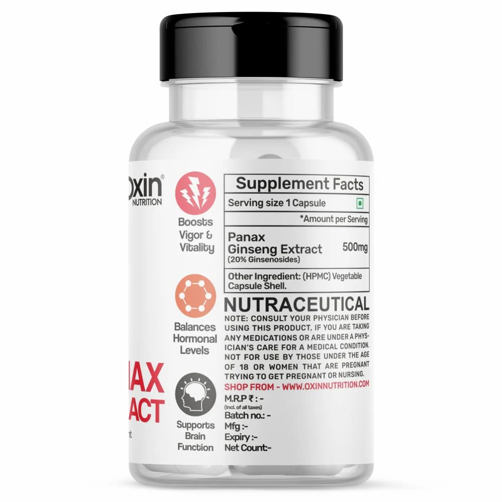 Oxin Nutrition Panax Ginseng Extract, Designed For Regular, Consistent Use To Promote Long - Term Health Benefits | 30 Veg Capsules 50gm 0.1lbs - Image 2